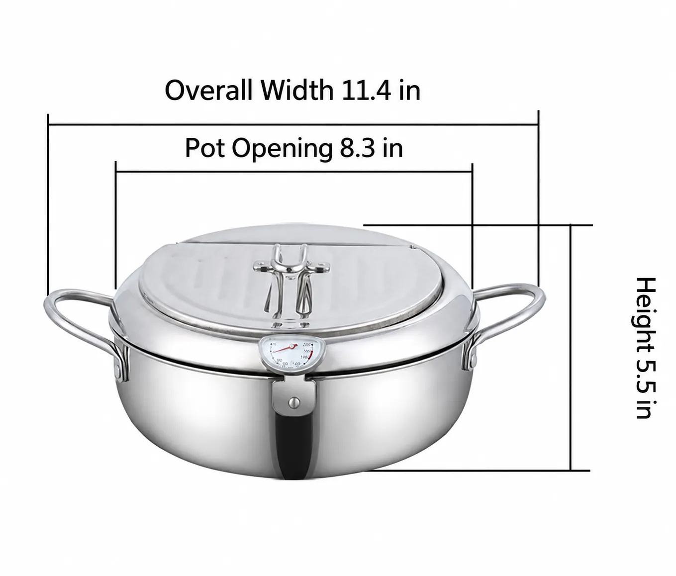 Fryer dimensions showing overall width, pot opening, and height in inches