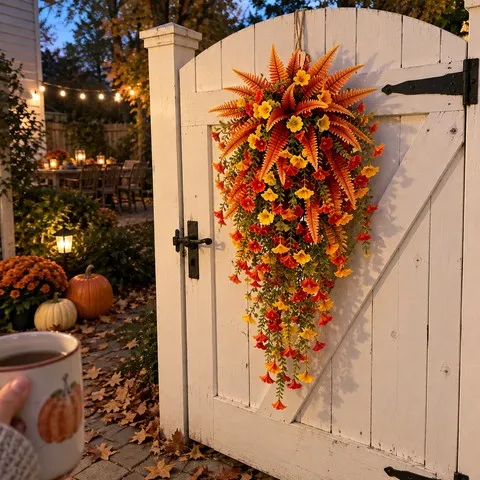 Autumn floral swag on a backyard gate after a fall gathering