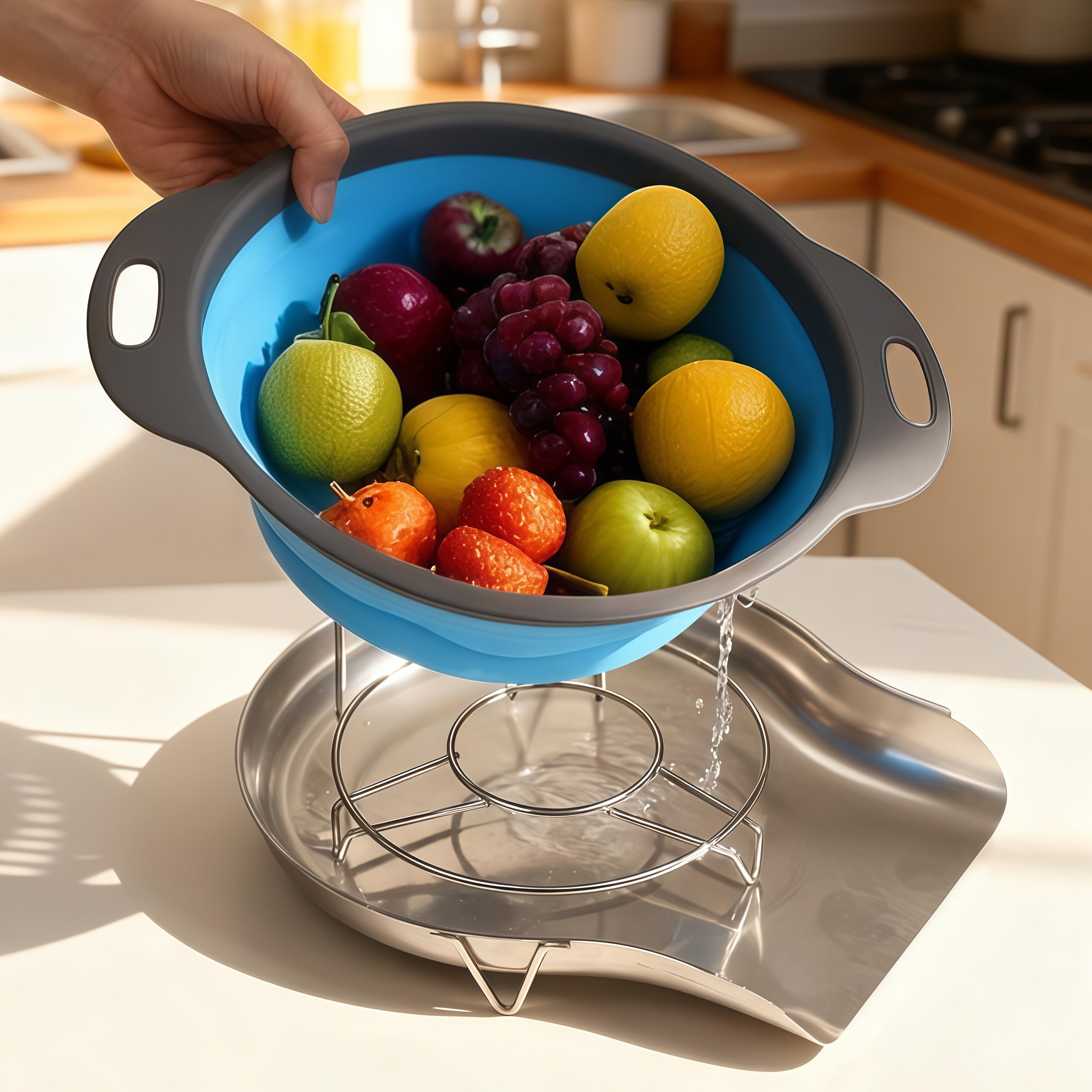 Edelstahl-Siebset mit selbstentwässernder Abtropfschale – 3 Größen