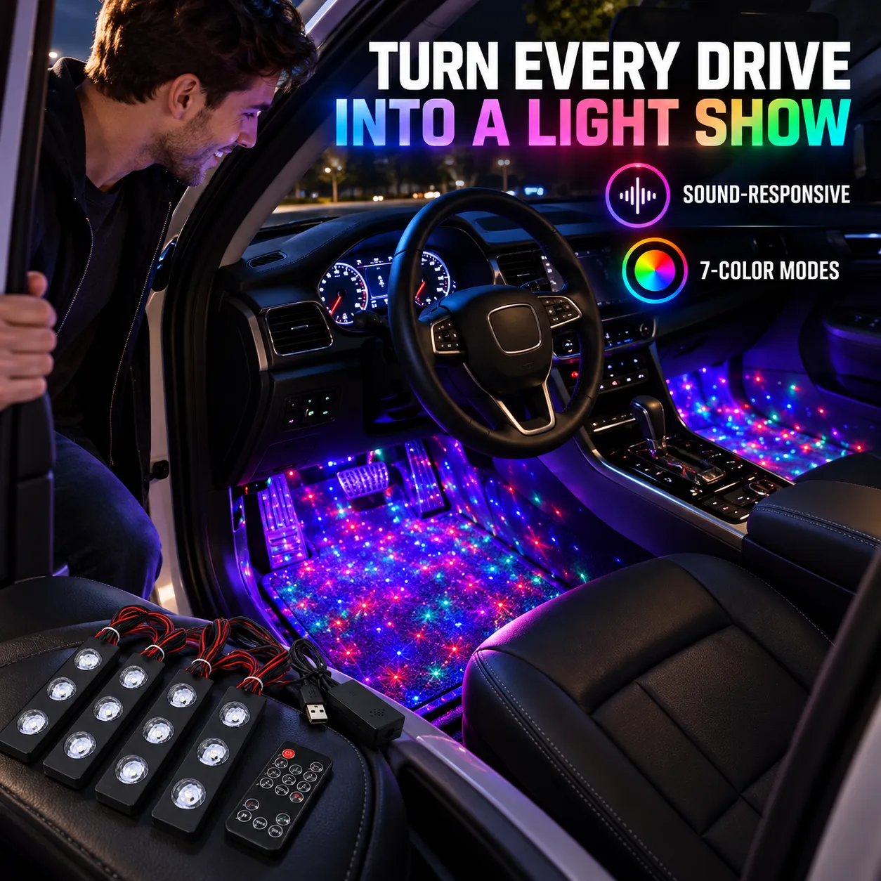 Four-piece car footwell starlight kit creating a colorful cabin light show