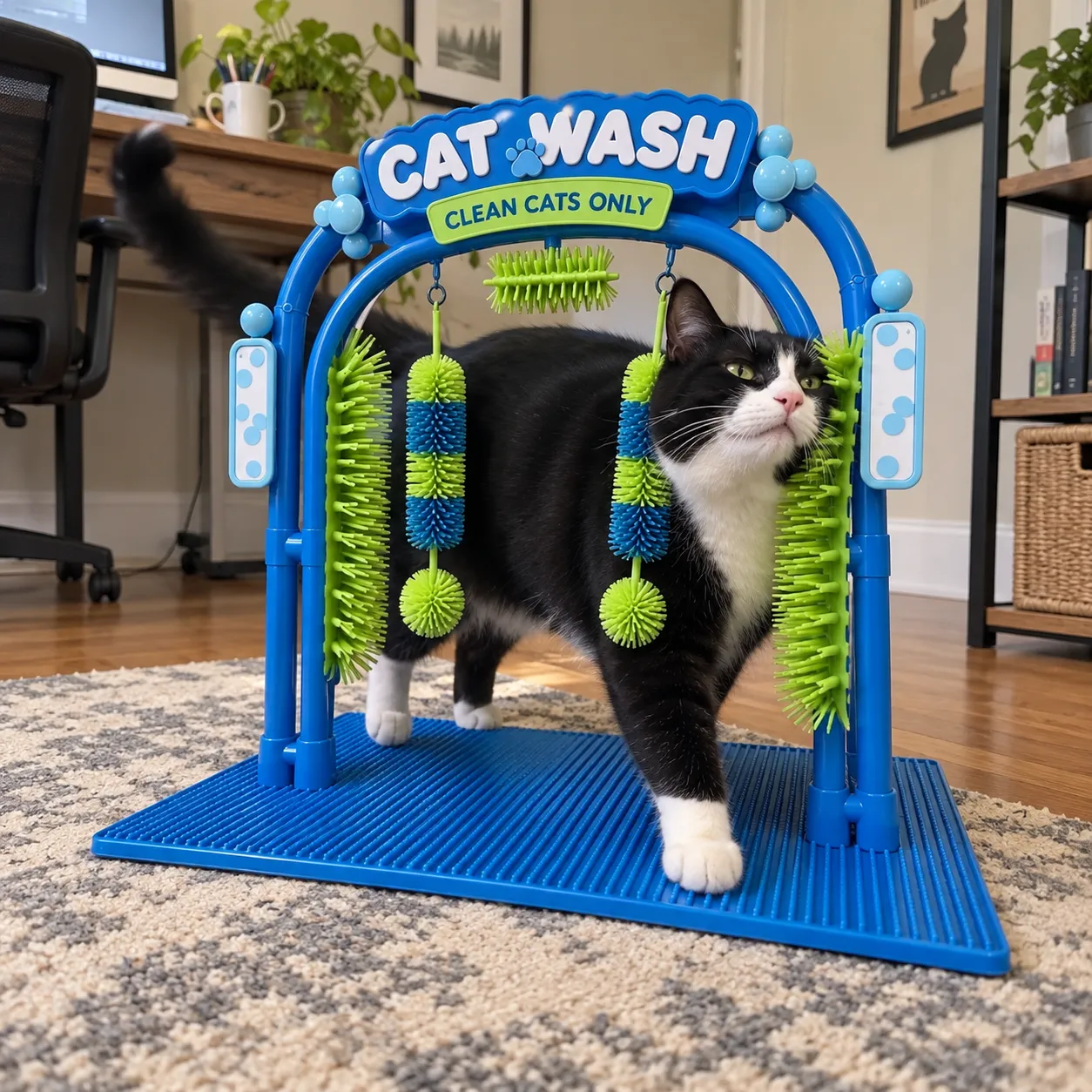 Tuxedo cat walking through the grooming station
