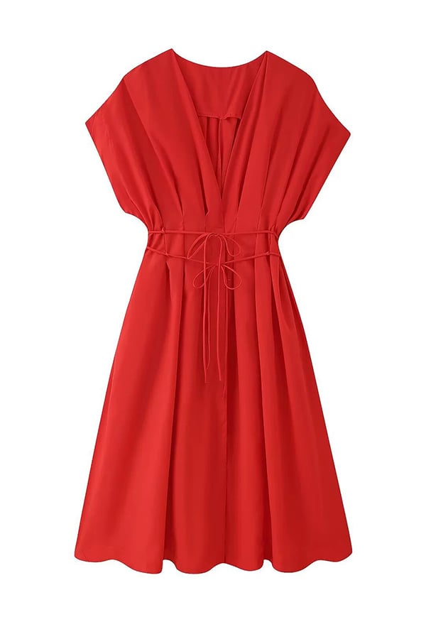 Plissiertes Midikleid mit kurzen Ärmeln und Taschen