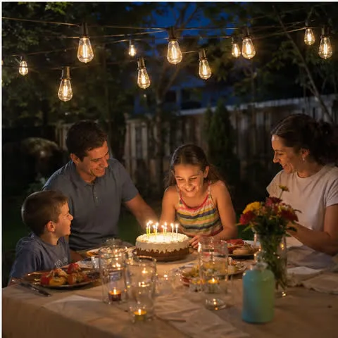 Outdoor string lights in a home setting