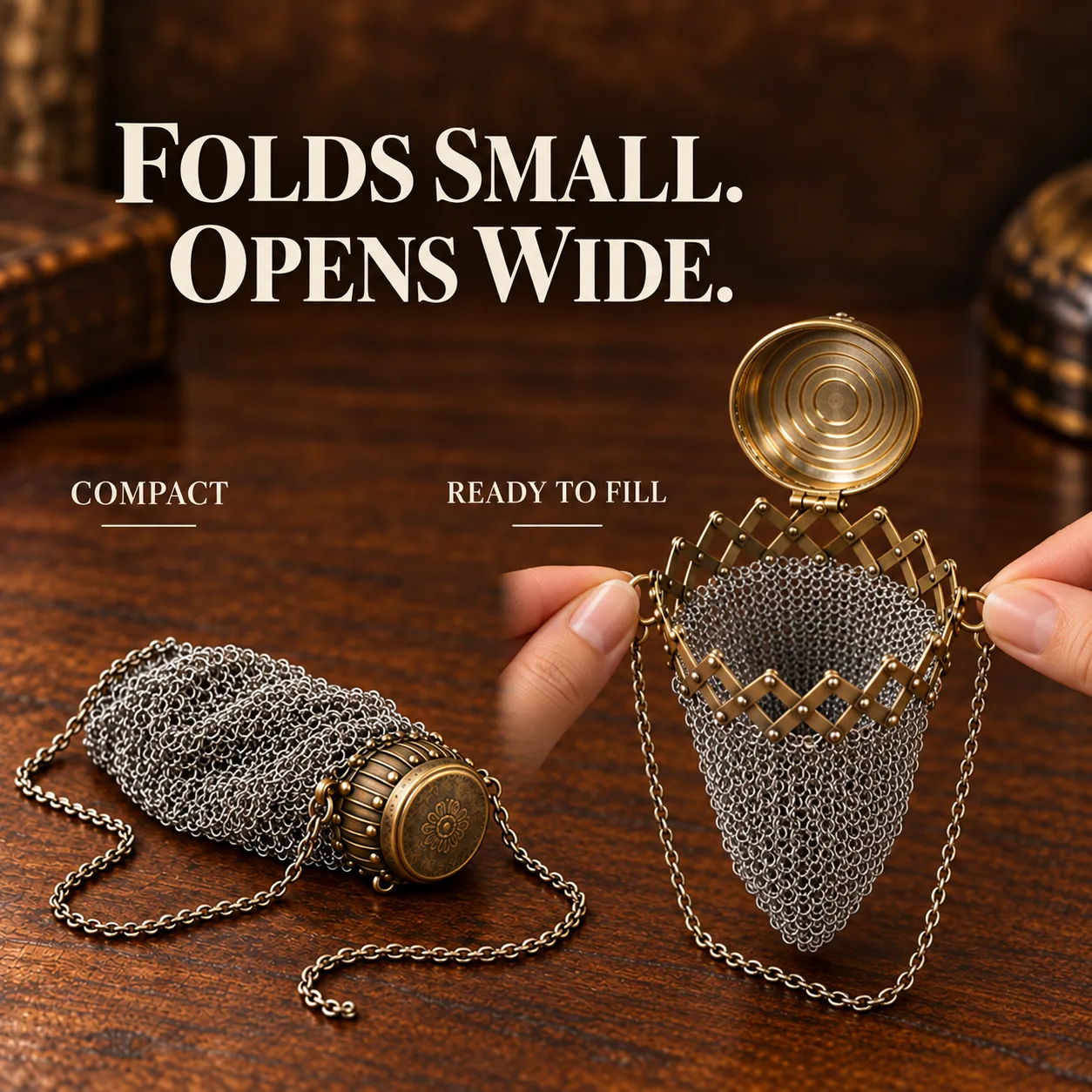 Closed and expanded views of the folding chain-mesh coin purse