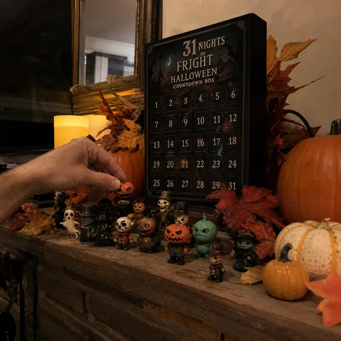 Halloween figures arranged on a family-room mantel