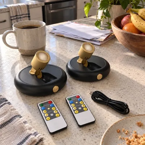 Two black and gold spotlights charging beside their remotes on a kitchen counter