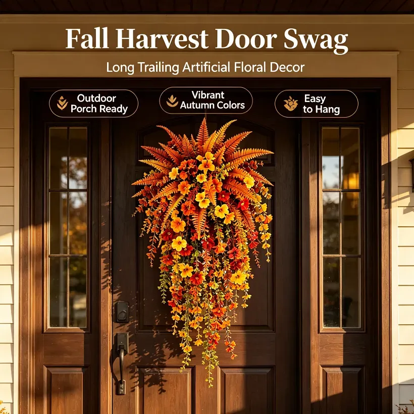 Fall harvest floral swag displayed on a front door
