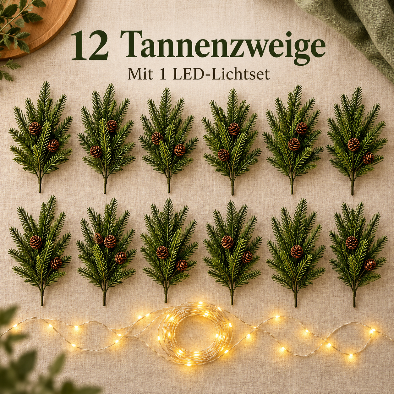 Set mit 12 Tannenzweigen und einem LED-Lichtset