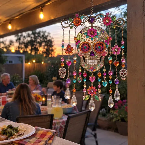 Sugar Skull design hanging at an evening backyard gathering