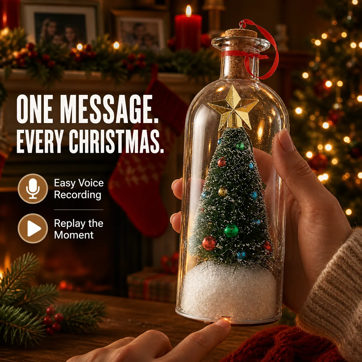 Close view of the recordable Christmas tree bottle and playback controls
