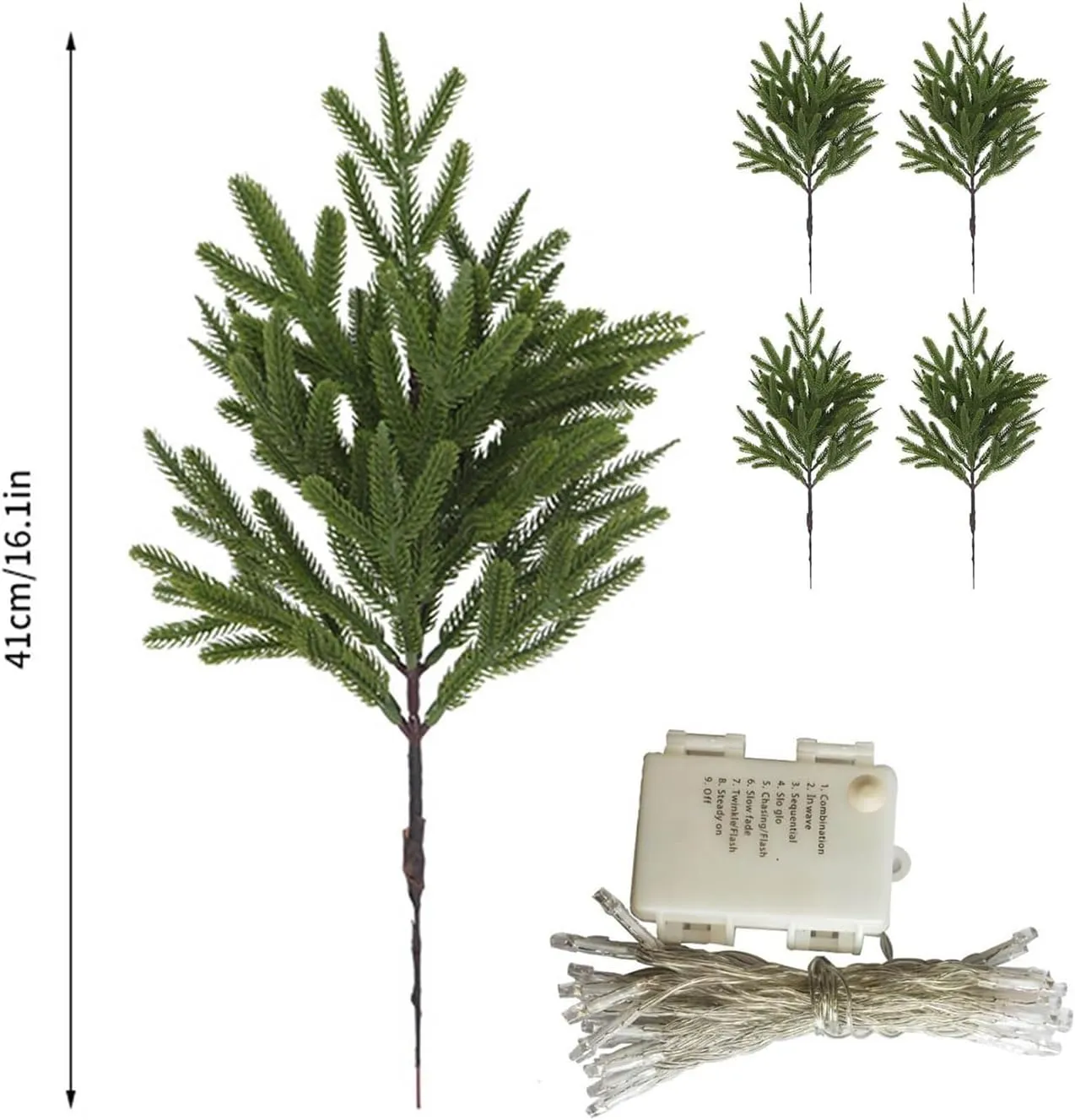 Five artificial pine stems, warm-white light string, and 16.1-inch stem length