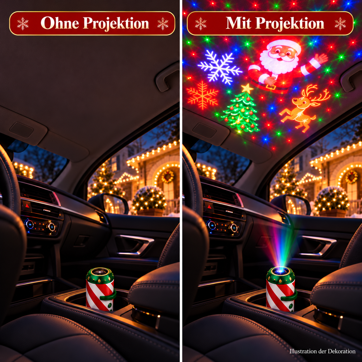 Gleicher Fahrzeuginnenraum ohne und mit Weihnachtsprojektion – illustrative Gegenüberstellung