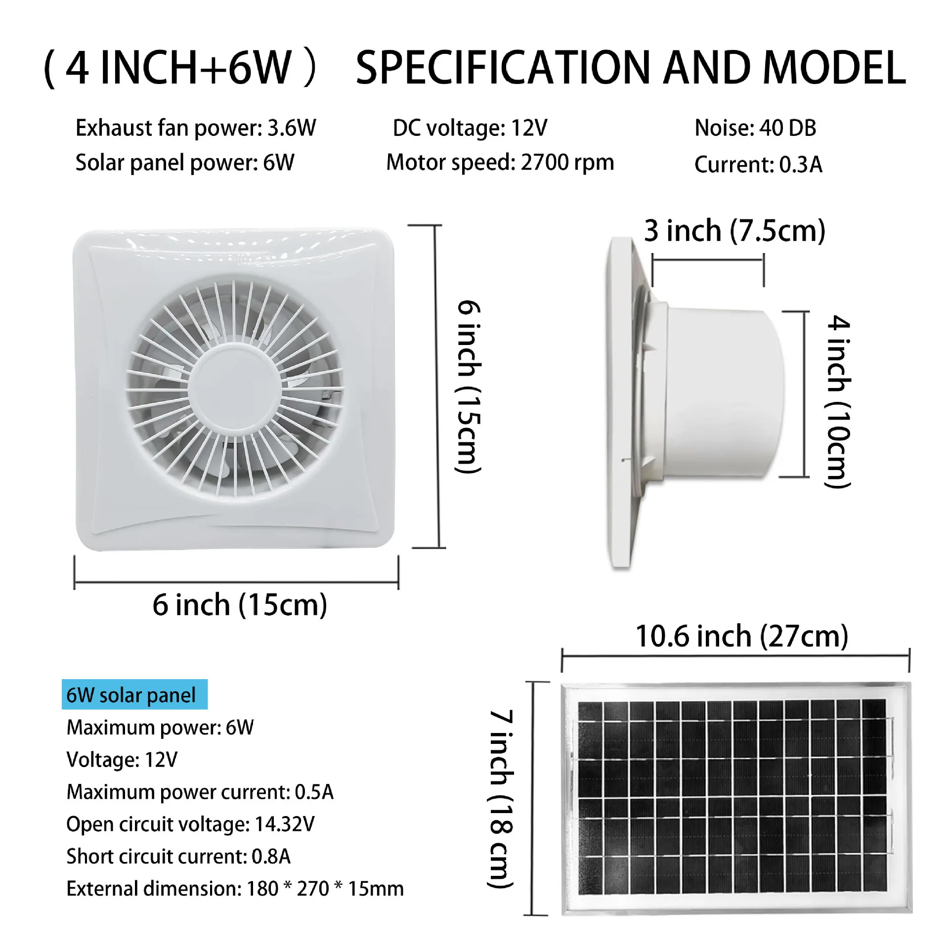 Dimensions and electrical specifications for the 4-inch solar exhaust fan kit