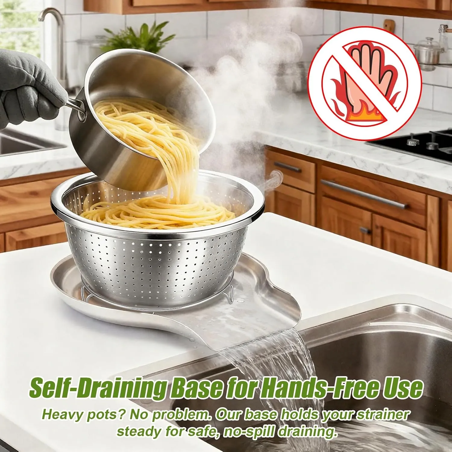 Hot pasta draining in elevated colander