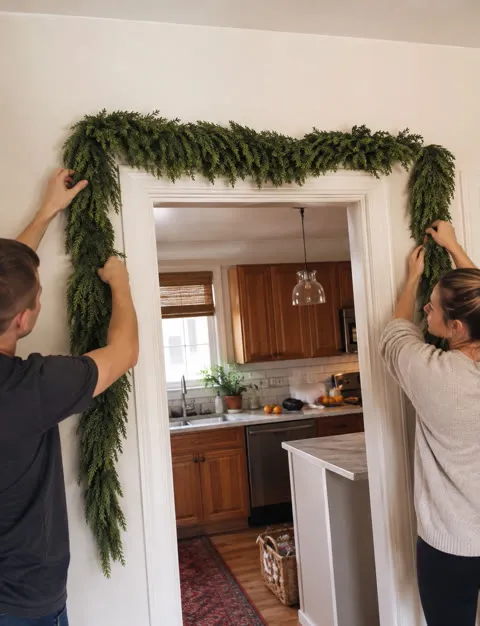 Couple arranging cedar garland around a kitchen doorway
