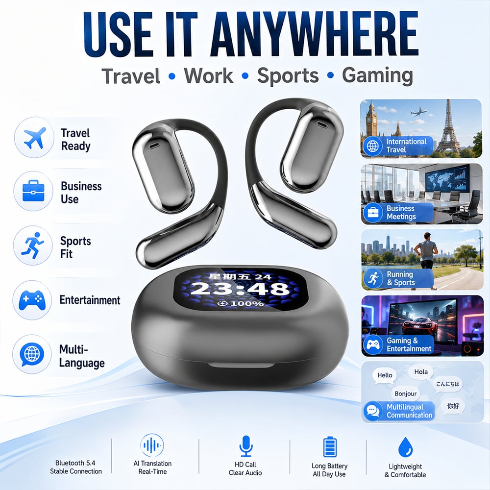 Smarte offene Bluetooth-5.4-Kopfhörer mit KI-Echtzeitübersetzung in 144 Sprachen