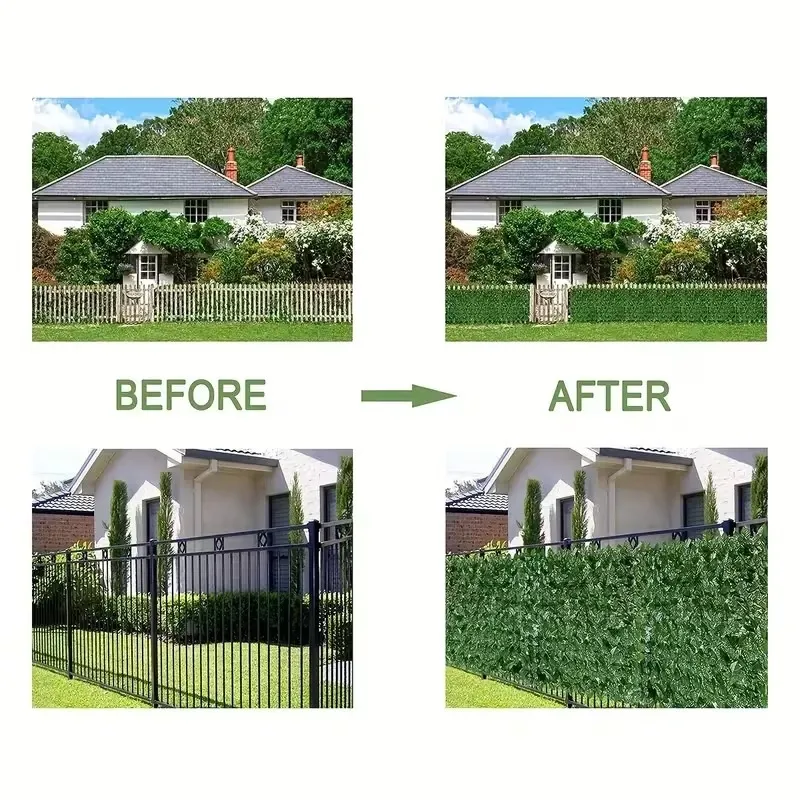 Before and after view of fences covered with green privacy foliage