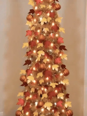Pop-up fall tree expanding and glowing in several home spaces