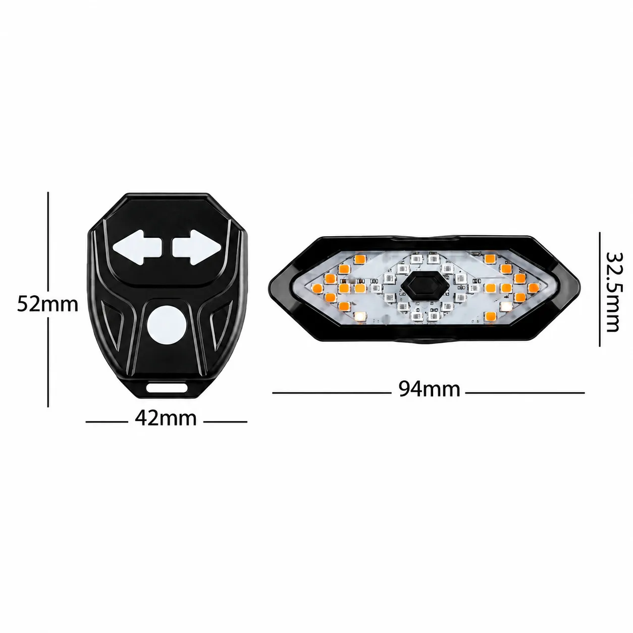 Bicycle turn signal tail light and remote dimensions
