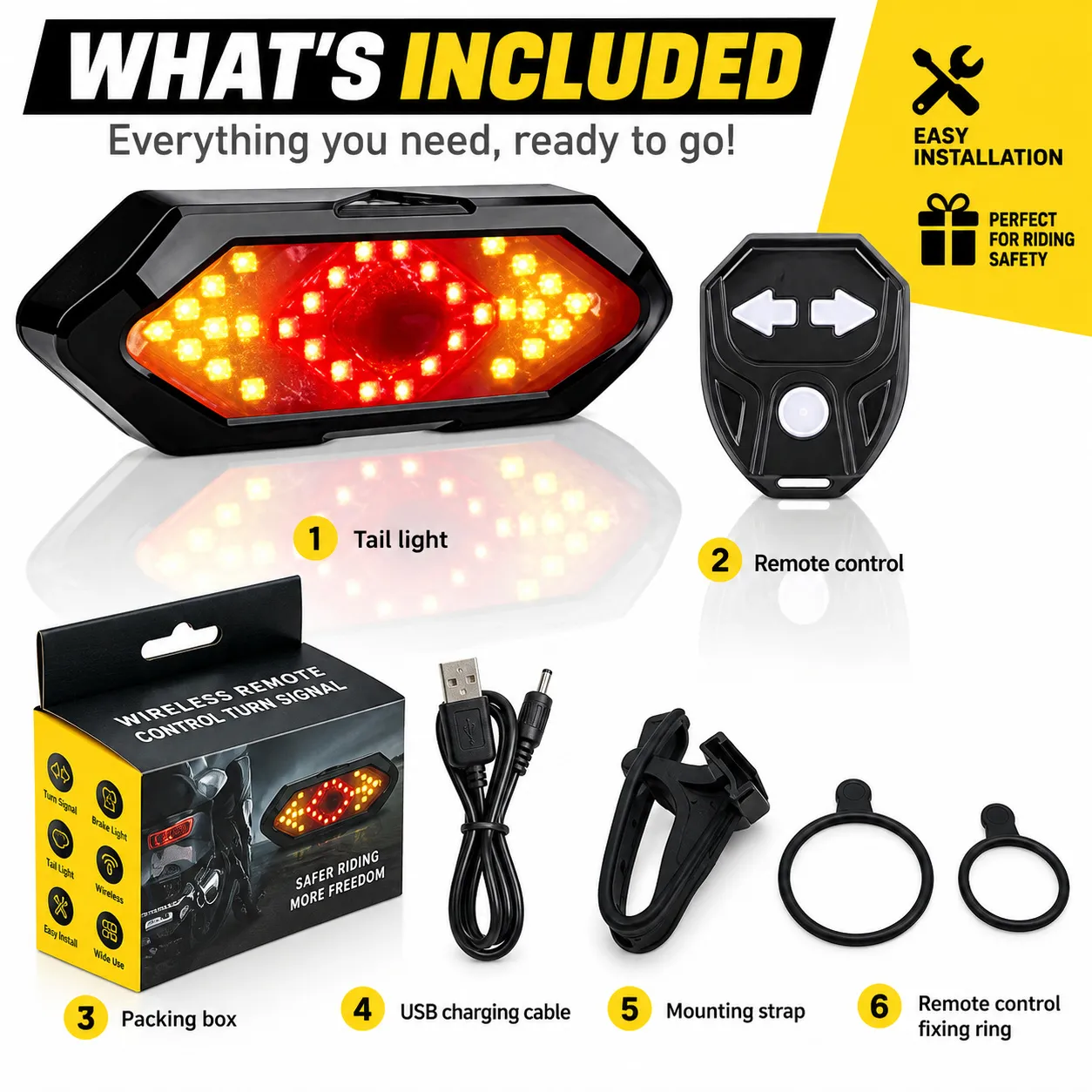 Complete wireless bicycle turn signal light kit contents