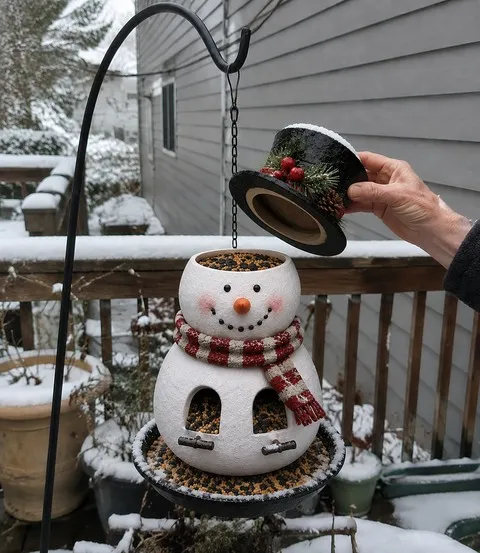 Snowman feeder being refilled on a snowy home deck