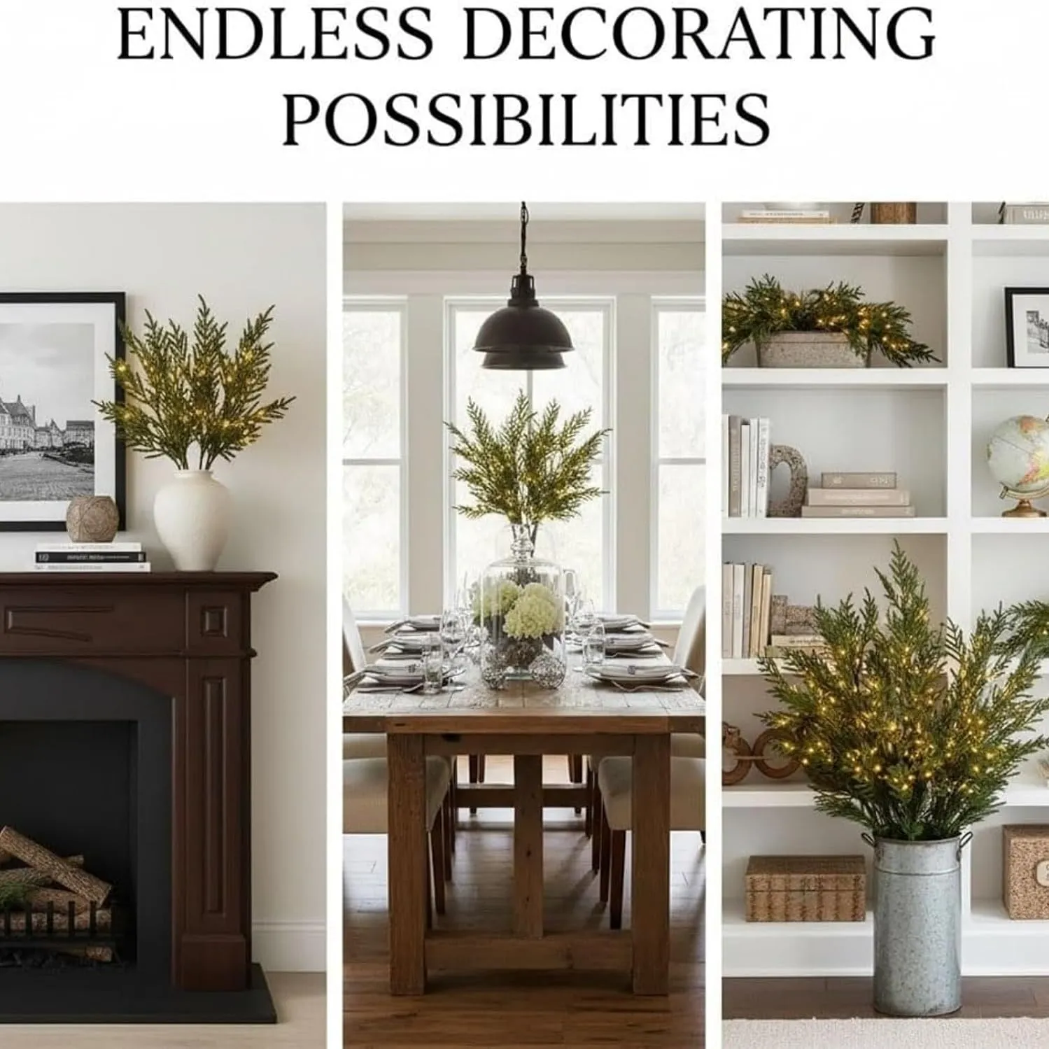 Glowing Norfolk pine greenery styled in several indoor spaces