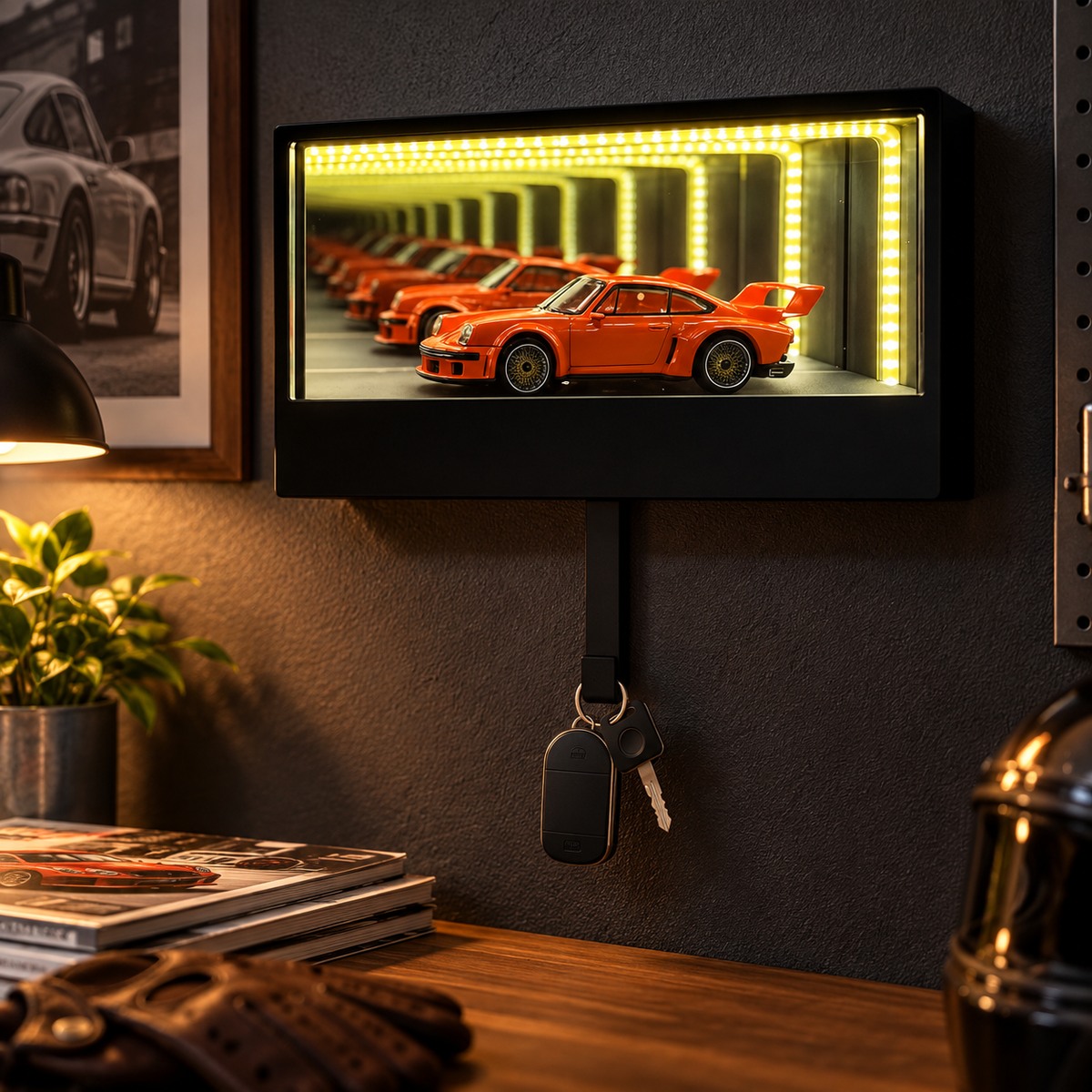 Infinity Garage LED-Schlüsselhalter – schwarze Mini-Autovitrine