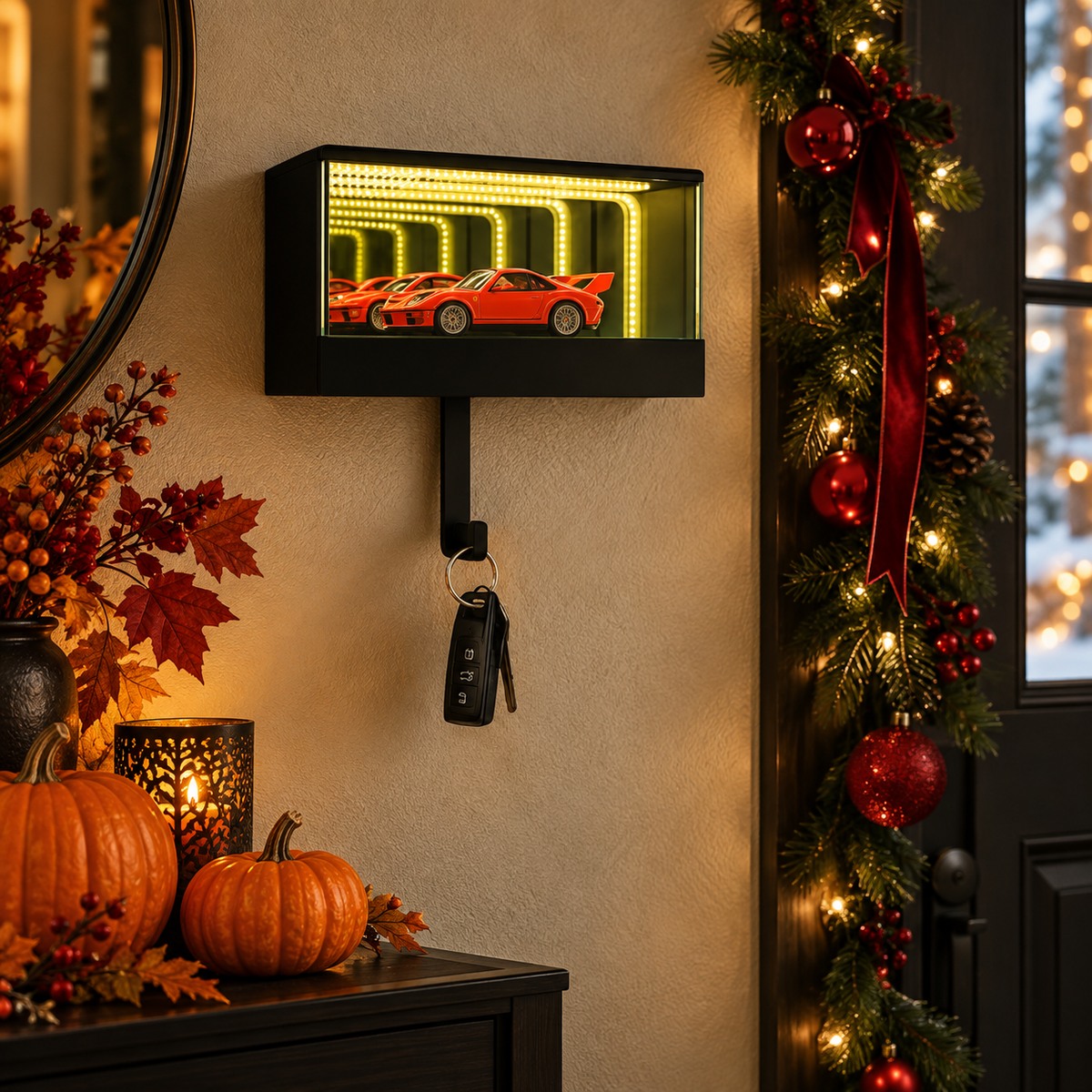 Infinity Garage LED-Schlüsselhalter – schwarze Mini-Autovitrine