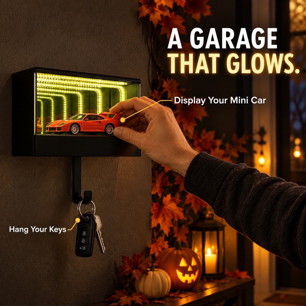 Infinity Garage LED-Schlüsselhalter – schwarze Mini-Autovitrine