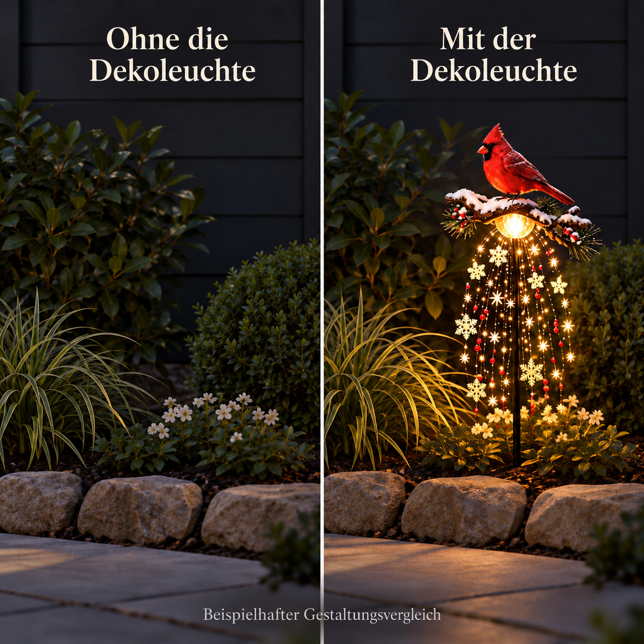 Illustrativer Vergleich derselben Gartenecke ohne und mit einer Rotkardinal-Dekoleuchte