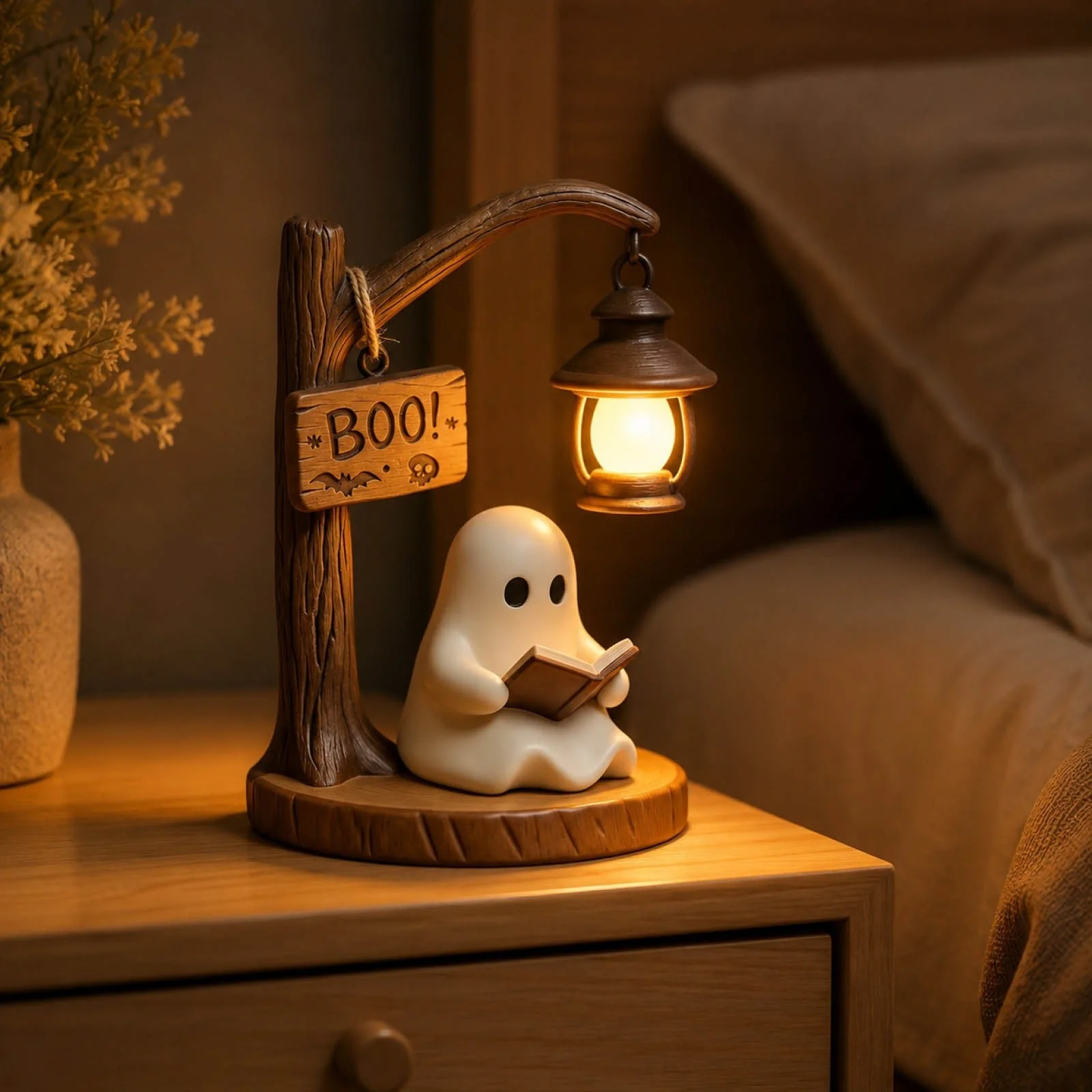 Gemütliche Lese-Laterne mit Geist als Halloween-Tischdekoration