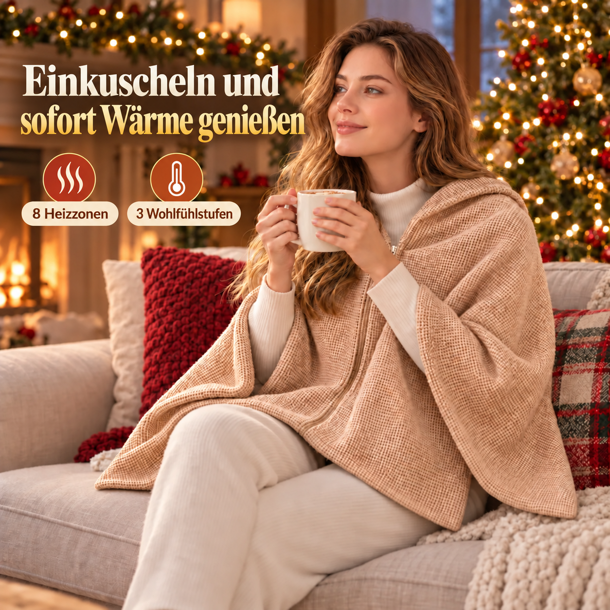 Tragbare beheizbare Decke als Schal mit 8 Heizzonen und USB-C