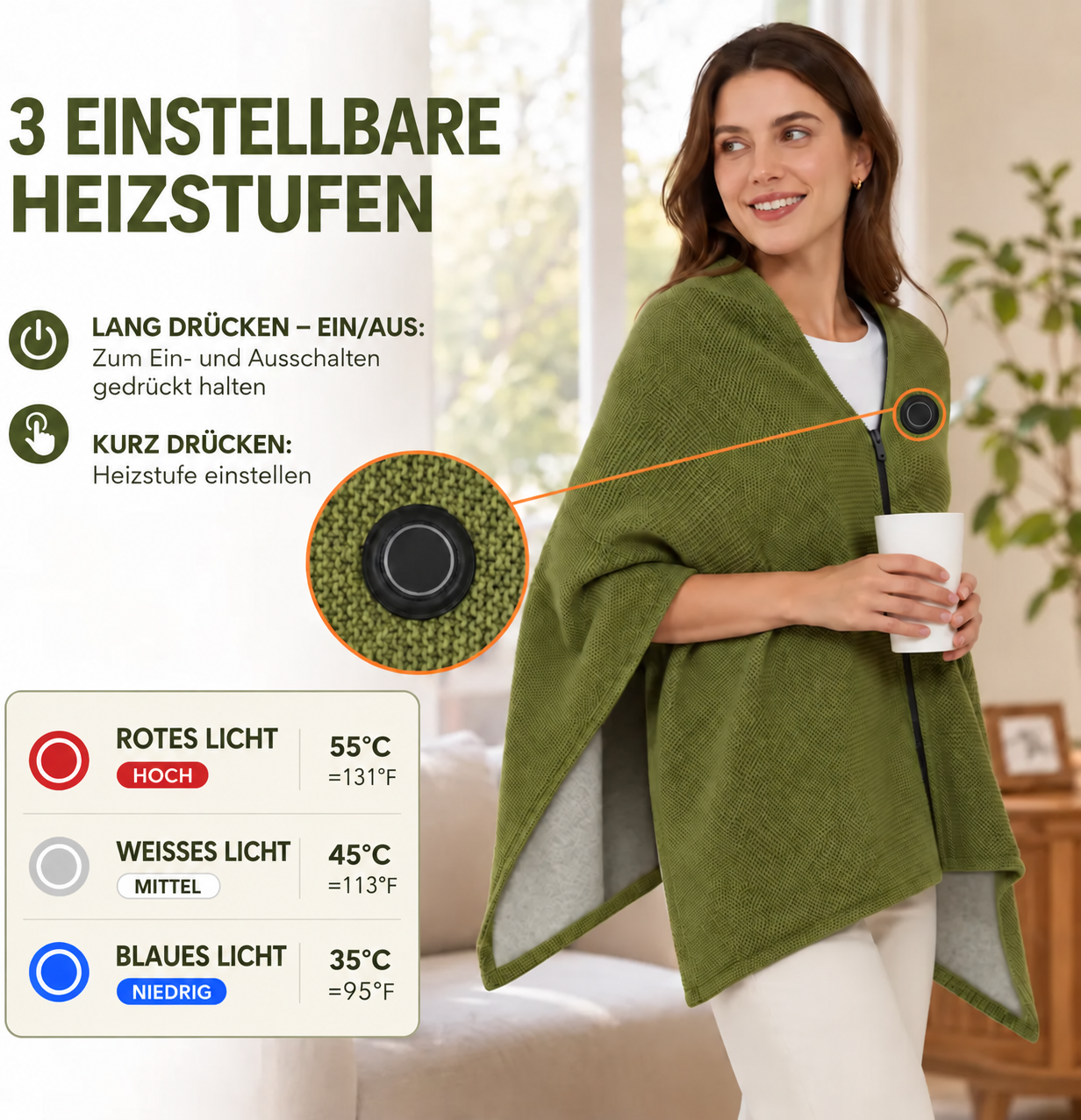 Tragbare beheizbare Decke als Schal mit 8 Heizzonen und USB-C