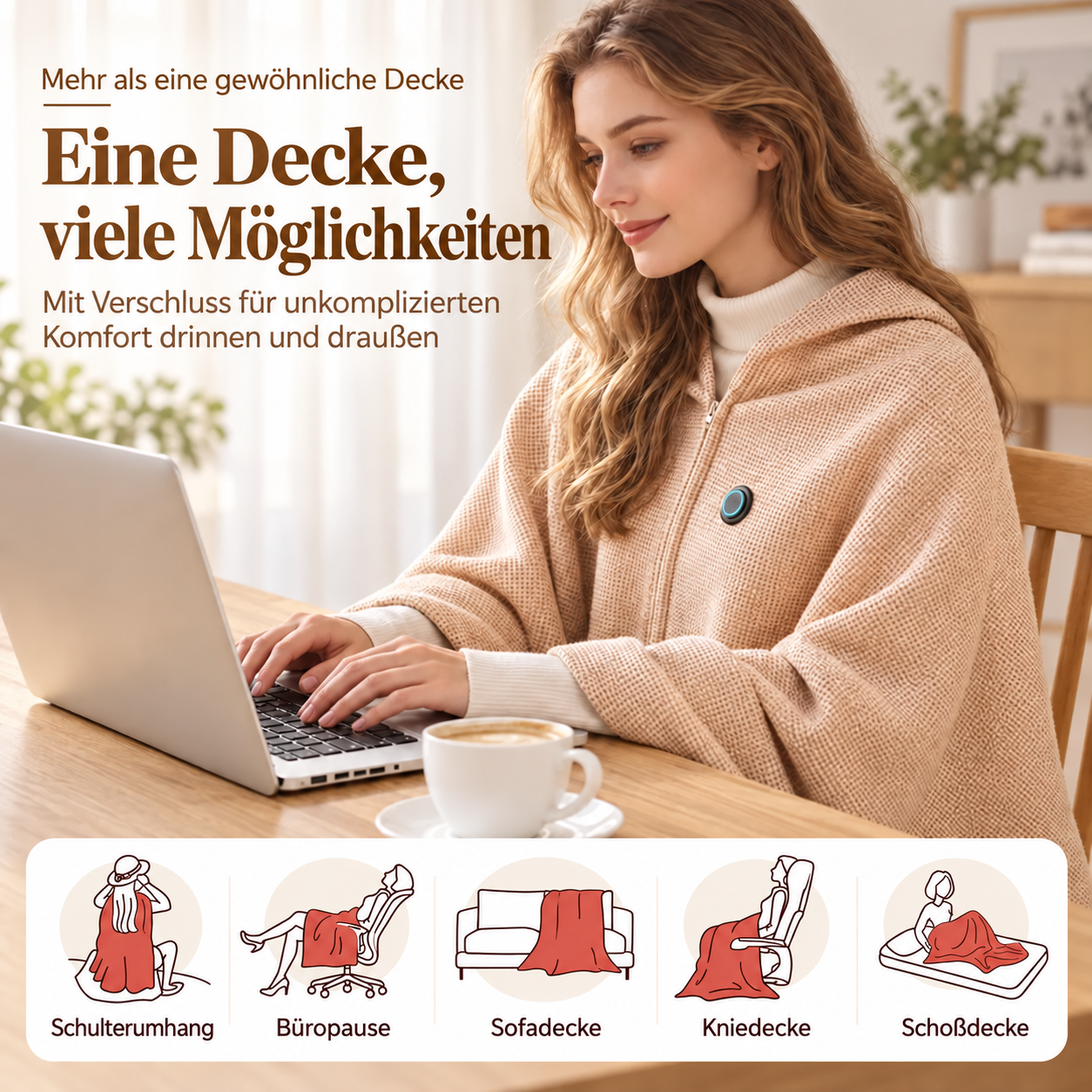 Tragbare beheizbare Decke als Schal mit 8 Heizzonen und USB-C