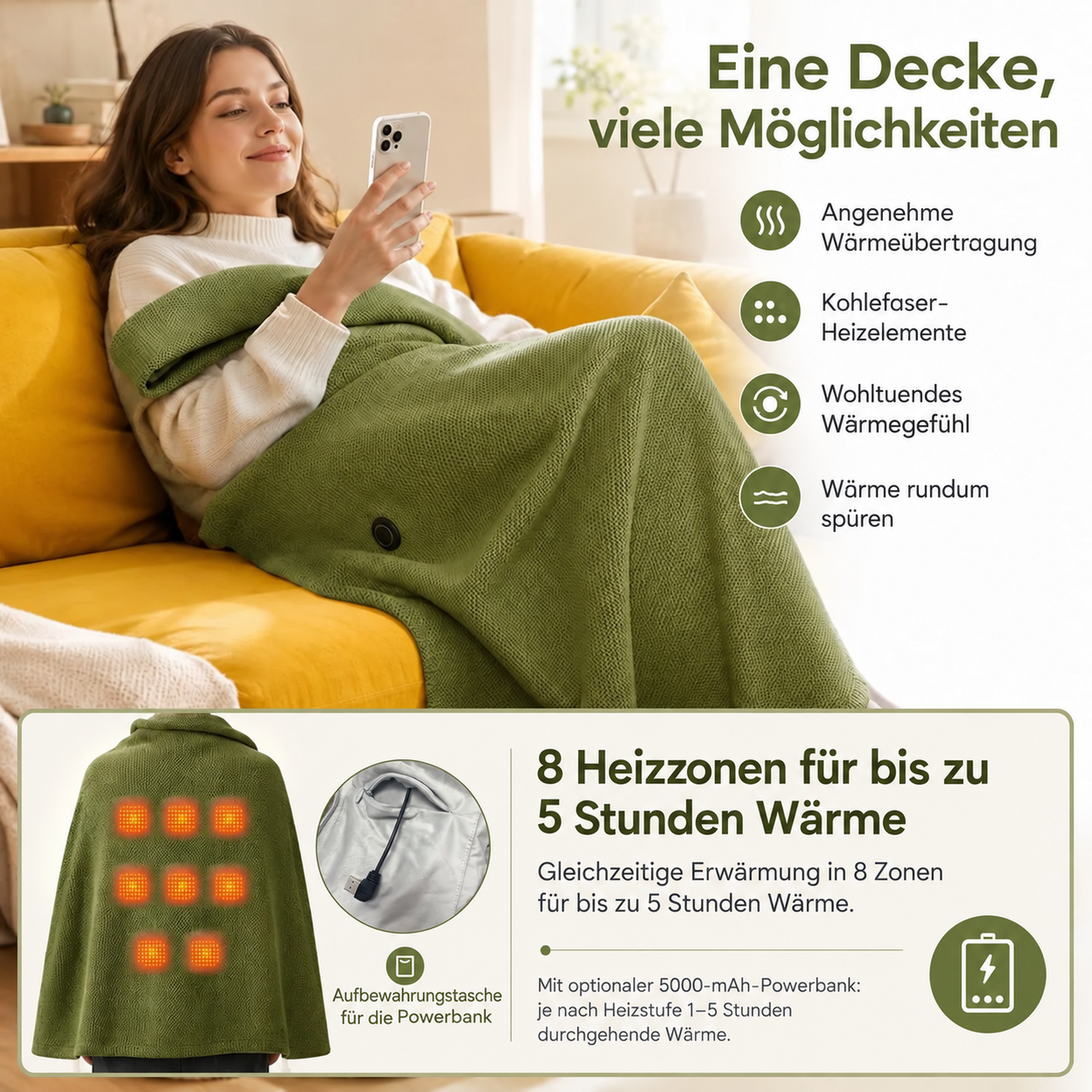 Tragbare beheizbare Decke als Schal mit 8 Heizzonen und USB-C