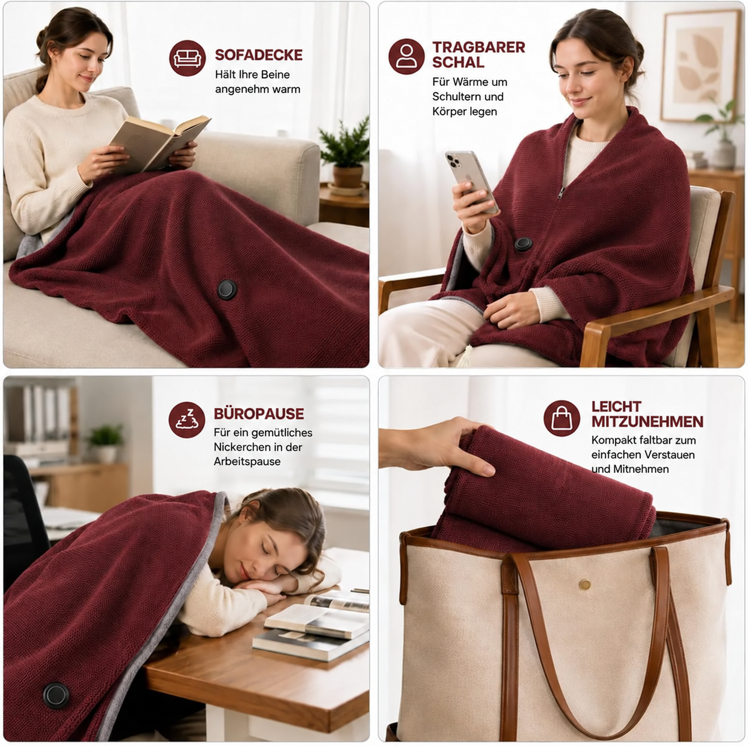 Tragbare beheizbare Decke als Schal mit 8 Heizzonen und USB-C