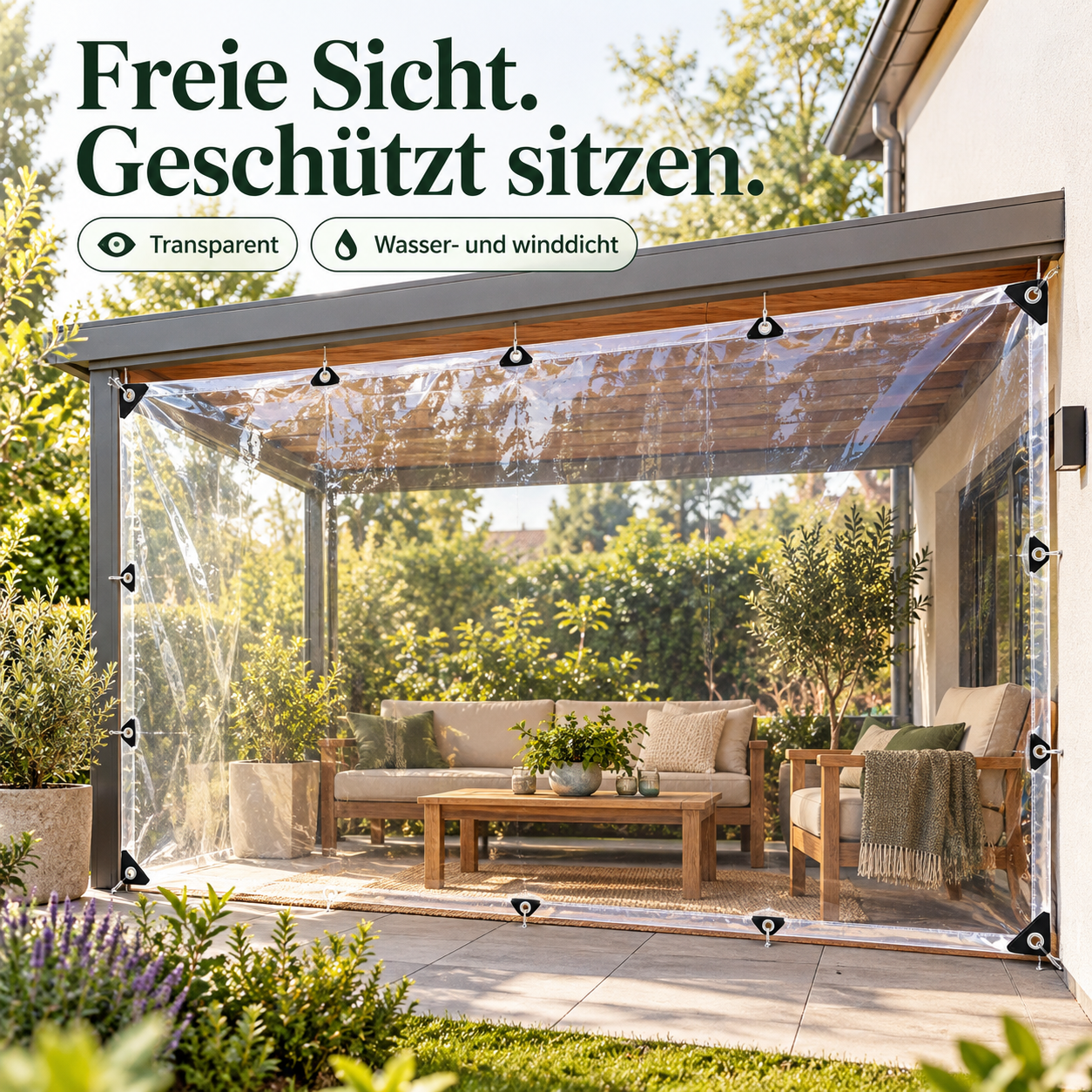 Transparente Schutzplane für freie Sicht bei Wind und Regen