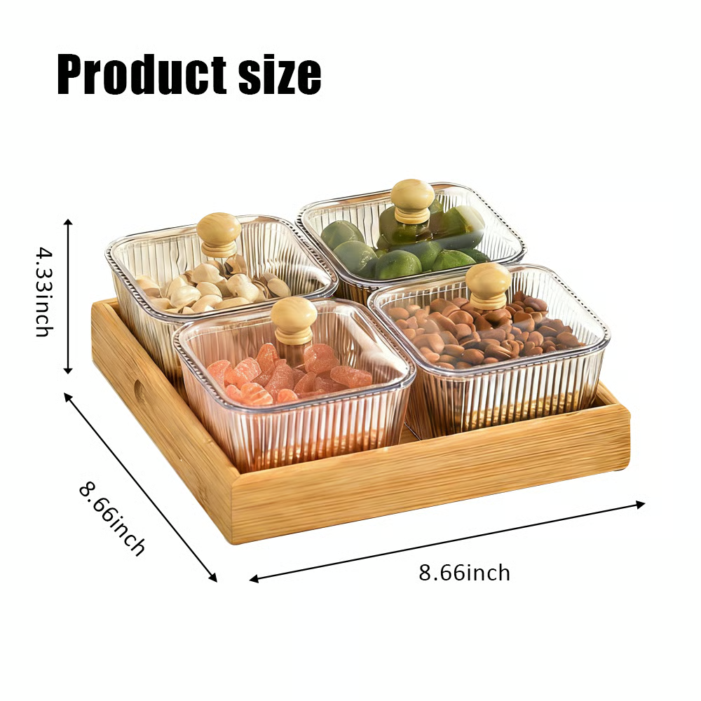 Quadratische Snackgläser mit Deckeln und Holztablett im Set