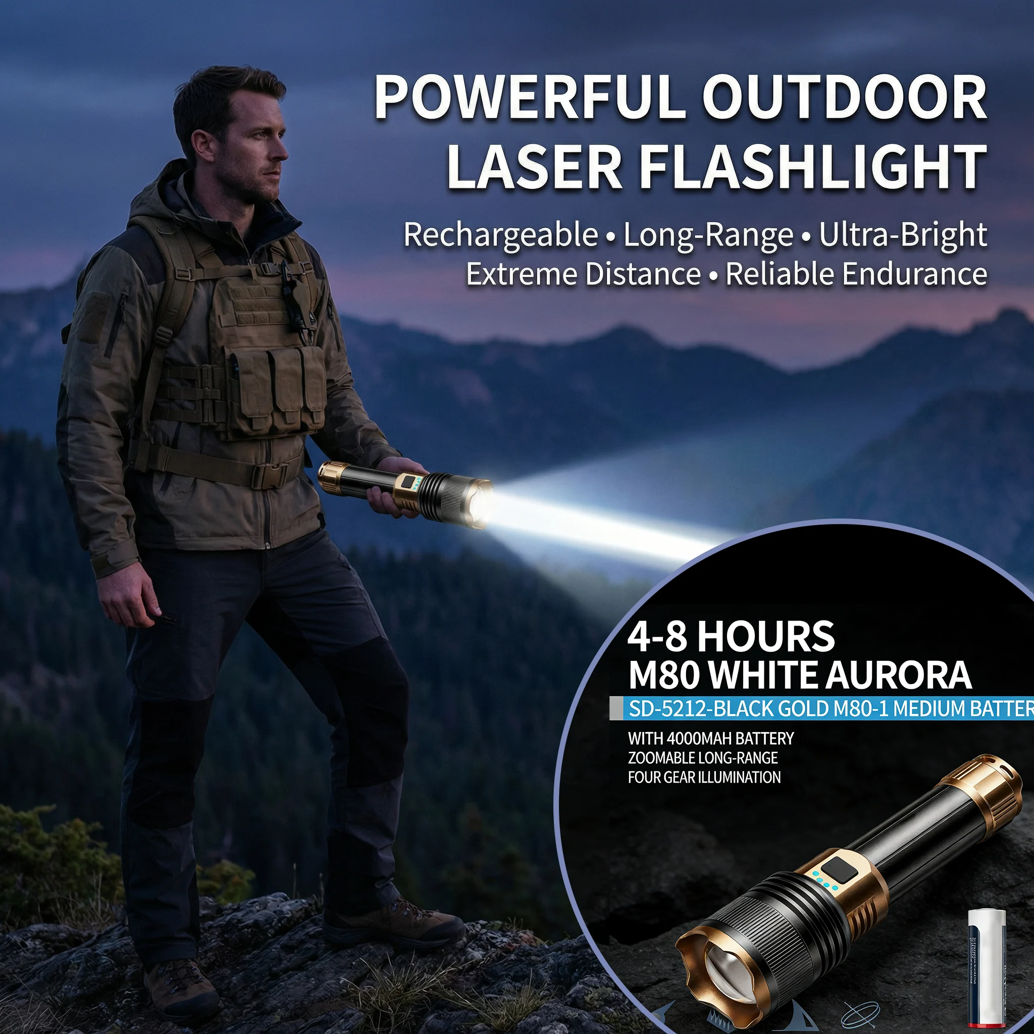 Wiederaufladbare helle Laser-Taschenlampe mit großer Reichweite für draußen