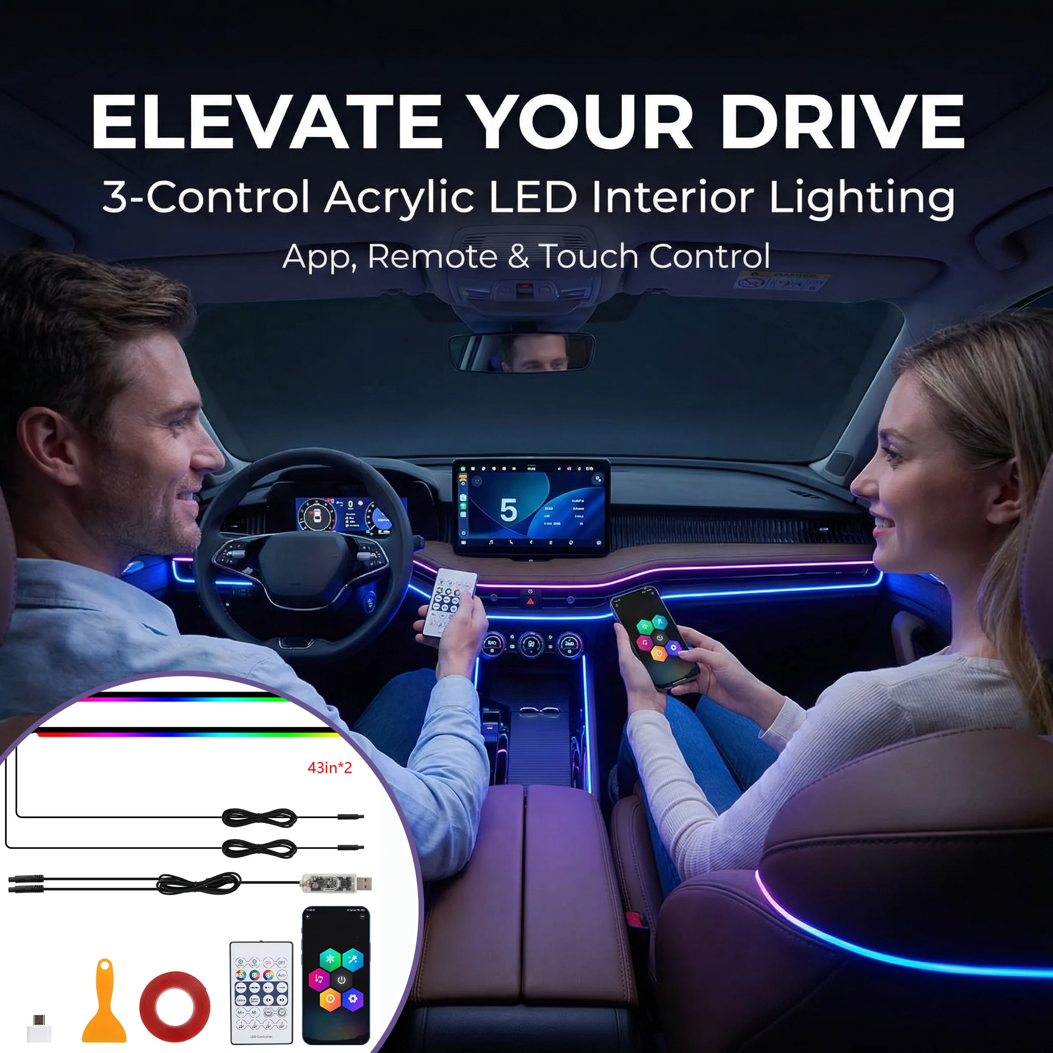 LED-Acryl-Ambientebeleuchtung fürs Auto mit 3 Steuerungsmöglichkeiten