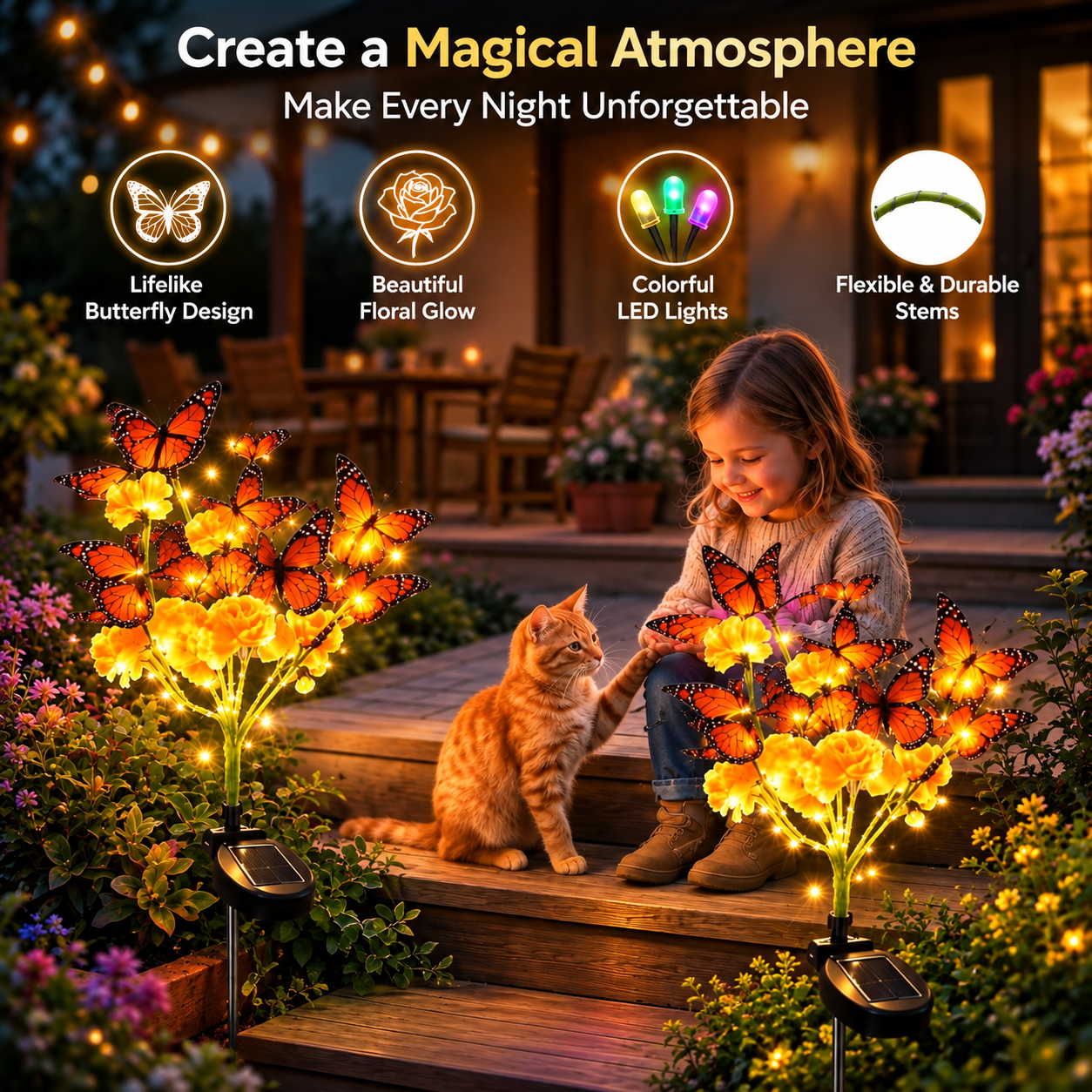 Solar-Gartenleuchte mit Tagetes und Schmetterlingen für Halloween und Día de Muertos