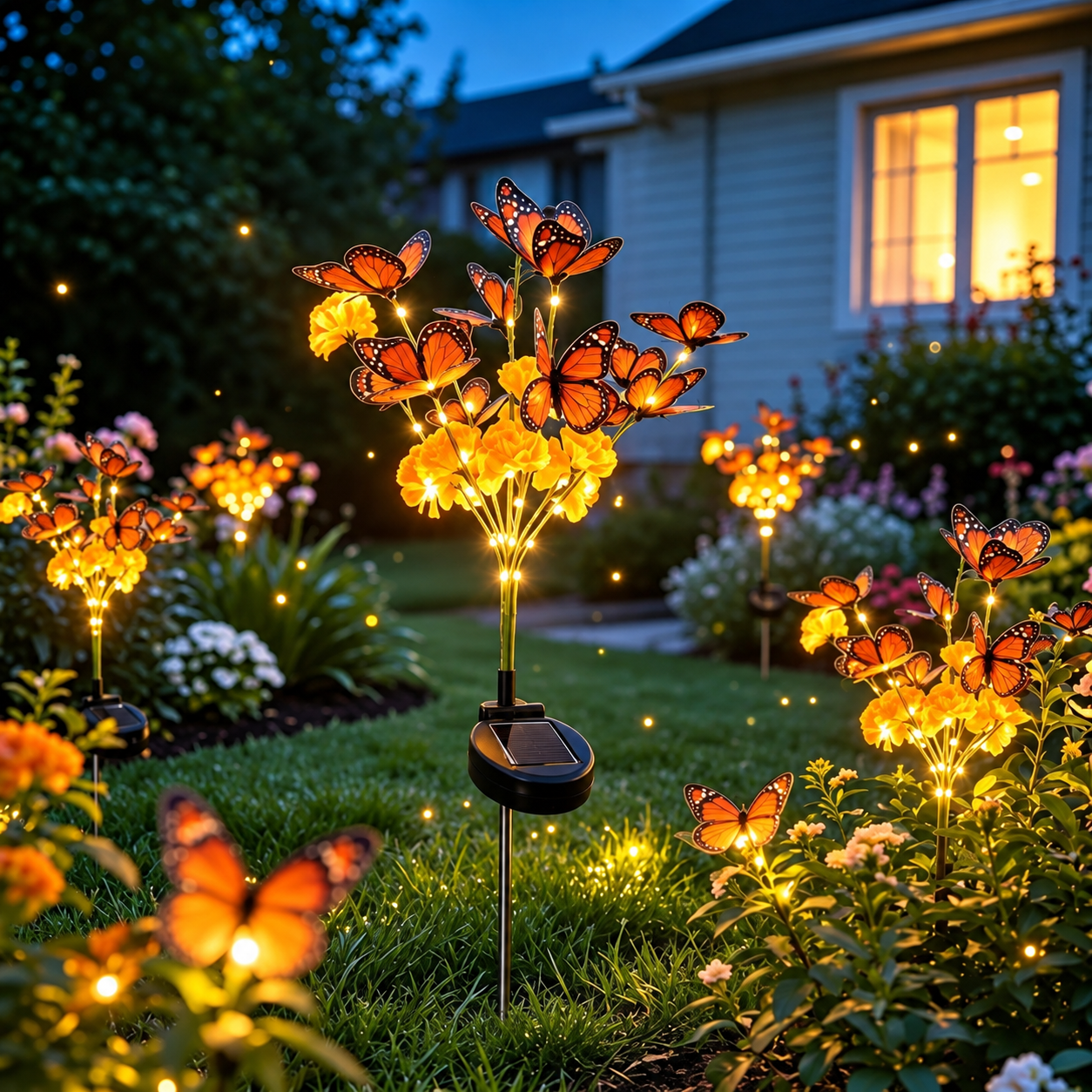 Solar-Gartenleuchte mit Tagetes und Schmetterlingen für Halloween und Día de Muertos