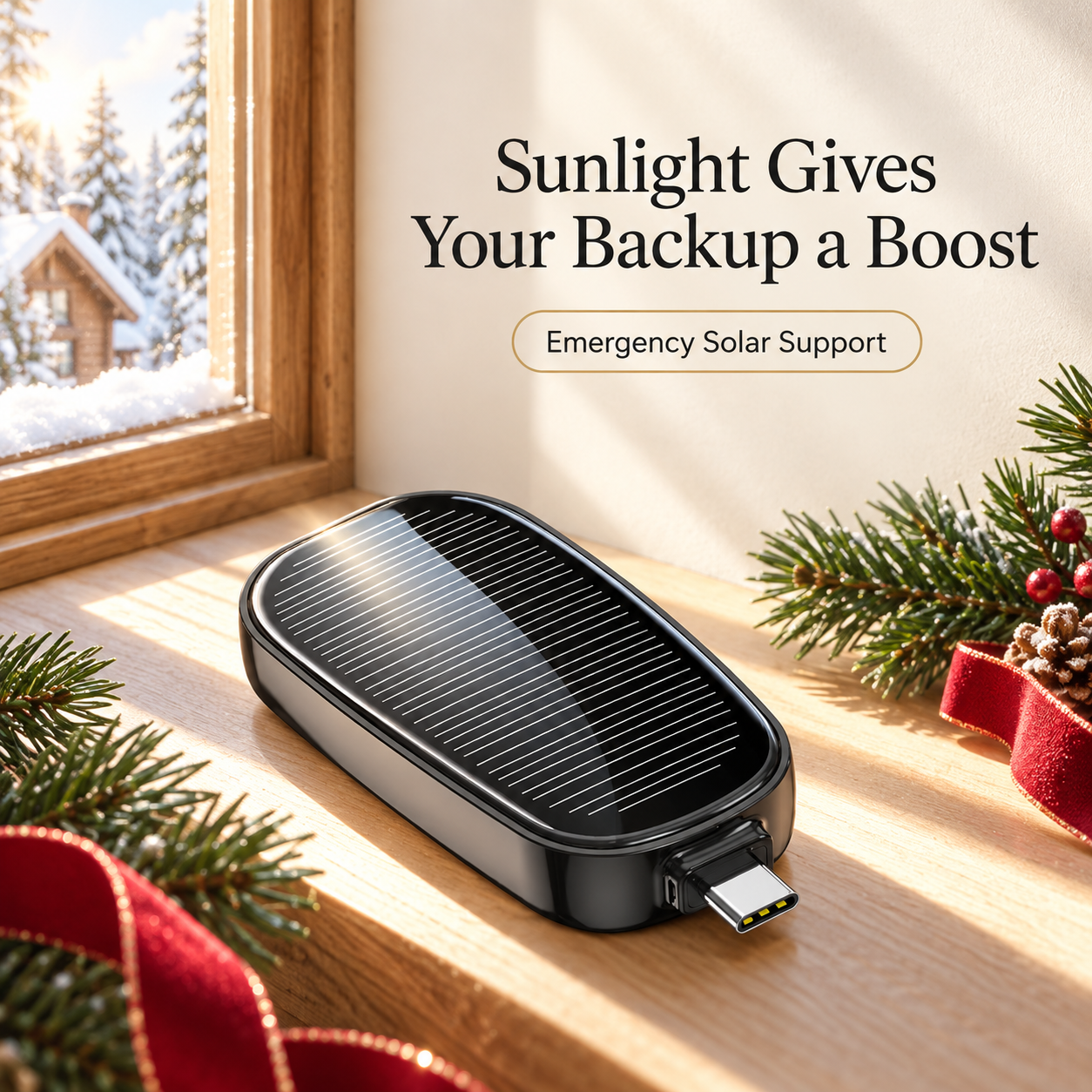Mini-Solar-Notfallpowerbank mit 1200 mAh – USB-C, Lightning und Micro USB