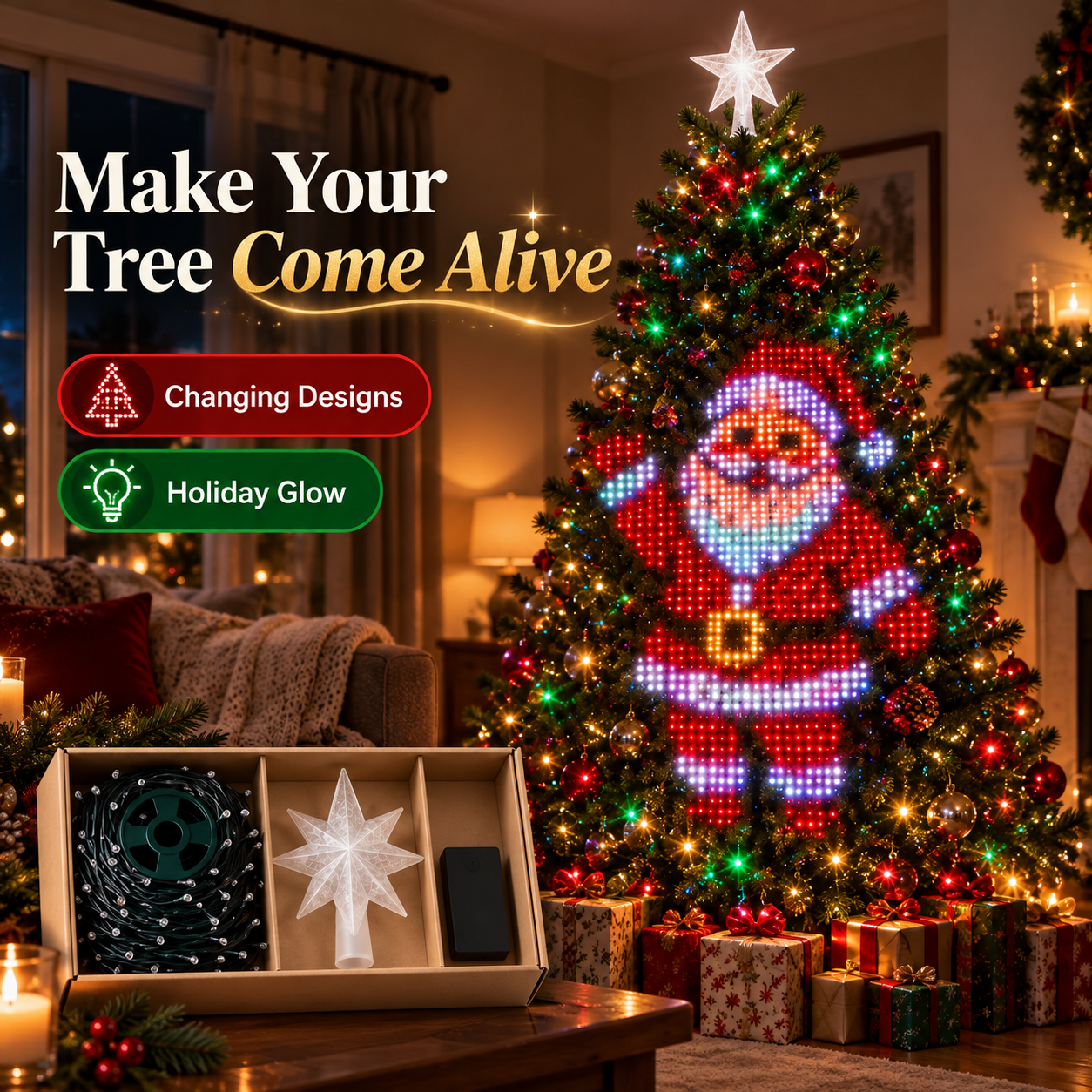 Smarte Weihnachtsbaum-Musterlichter mit animierten Festtagsmotiven