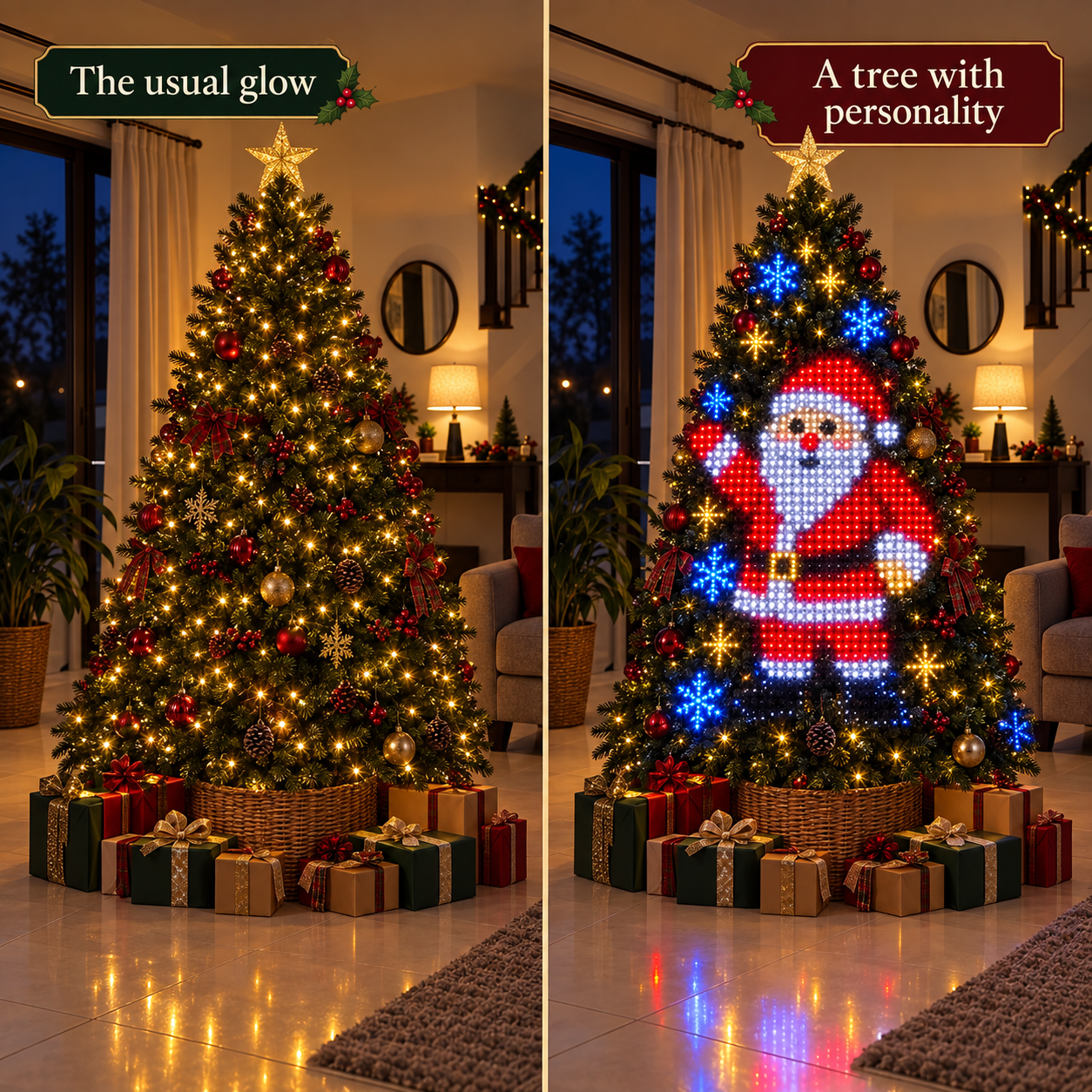 Smarte Weihnachtsbaum-Musterlichter mit animierten Festtagsmotiven