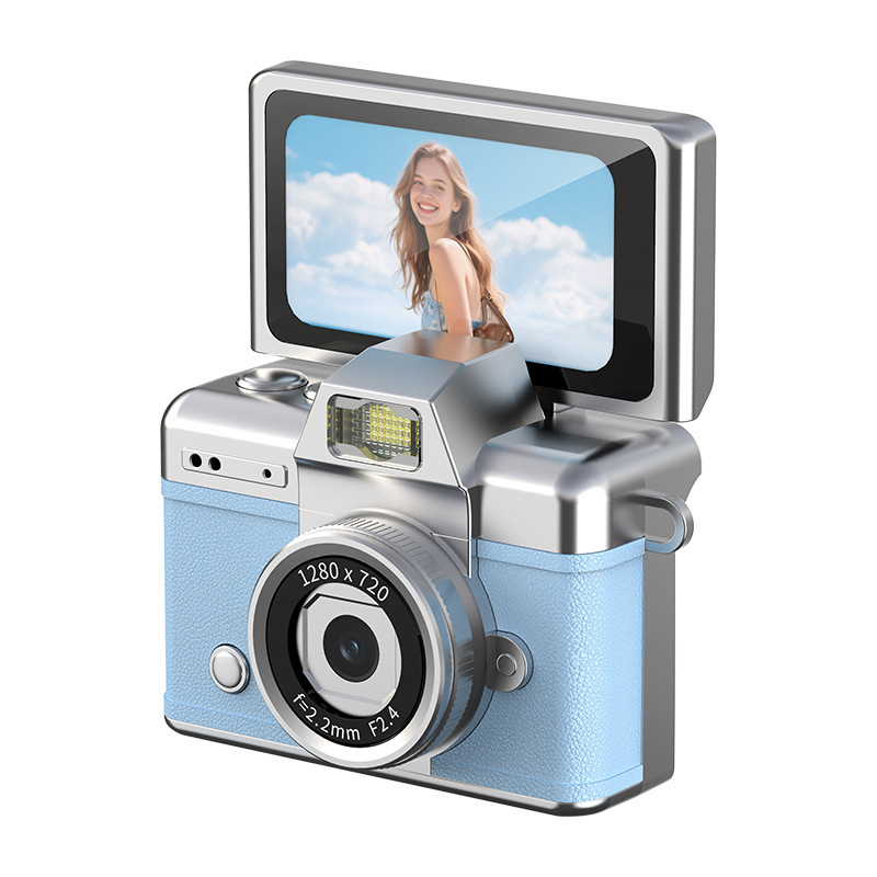 Daumengroße Retro-Digitalkamera mit Klappdisplay als Weihnachtsgeschenk