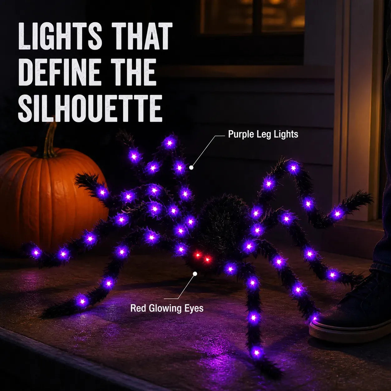 Purple leg lights and red glowing spider eyes