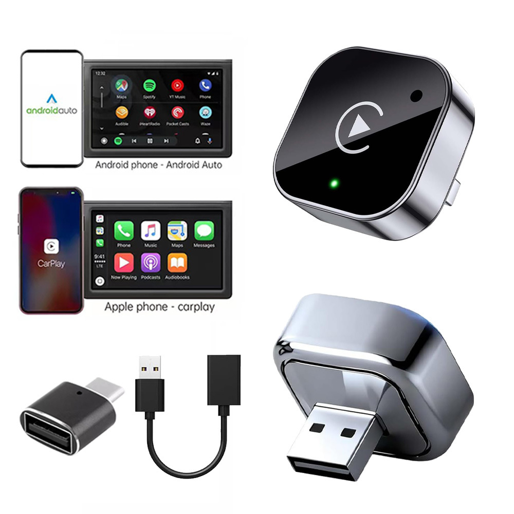Wireless CarPlay box Android adapter compatible with iPhone and Android, no lag or stuttering.
