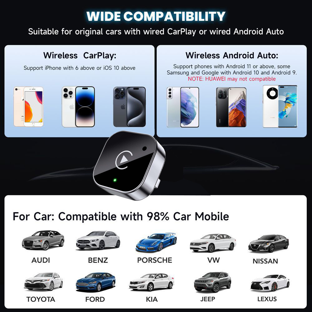 Wireless CarPlay box Android adapter compatible with iPhone and Android, no lag or stuttering.