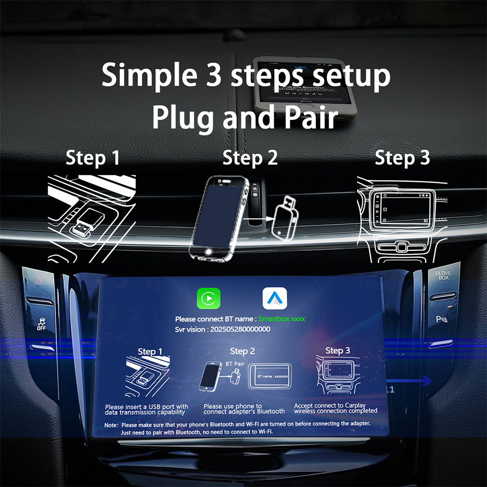Wireless CarPlay box Android adapter compatible with iPhone and Android, no lag or stuttering.